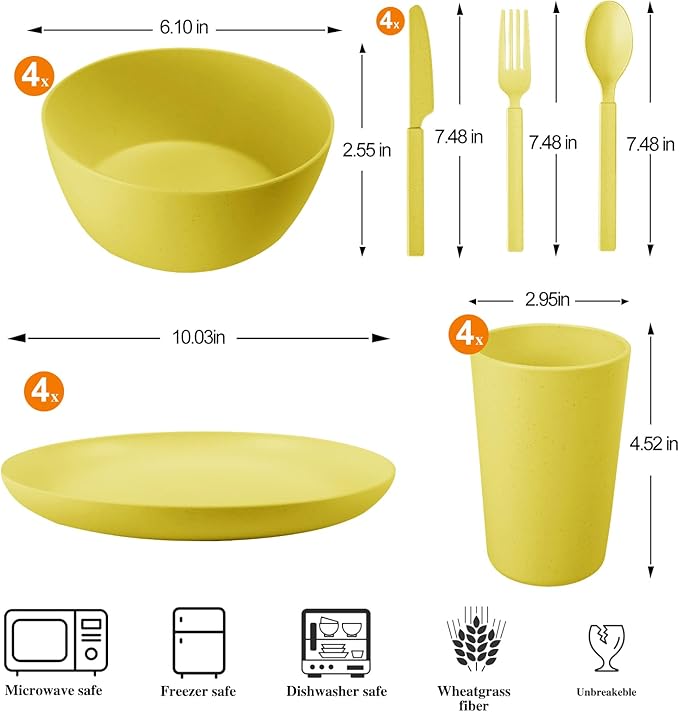 24pcs Wheat Straw Dinnerware Sets, Wheat Straw Plates and Bowls Sets for 4 Microwave Dishwasher Safe Lightweight （Yellow）