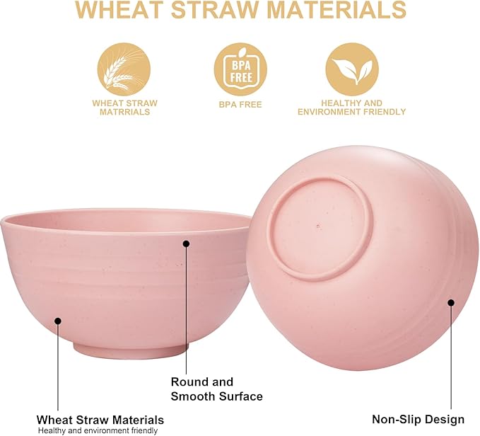 Rubtlamp 16Pcs Plastic Wheat Straw Dinnerware Set, Reusable Plastic Plate Set for 4, Kitchen Plates And Bowls Set (Pink) Include Dinner Platos, Dessert Platos, Cereal Bowls, Cups for Daily, Camping