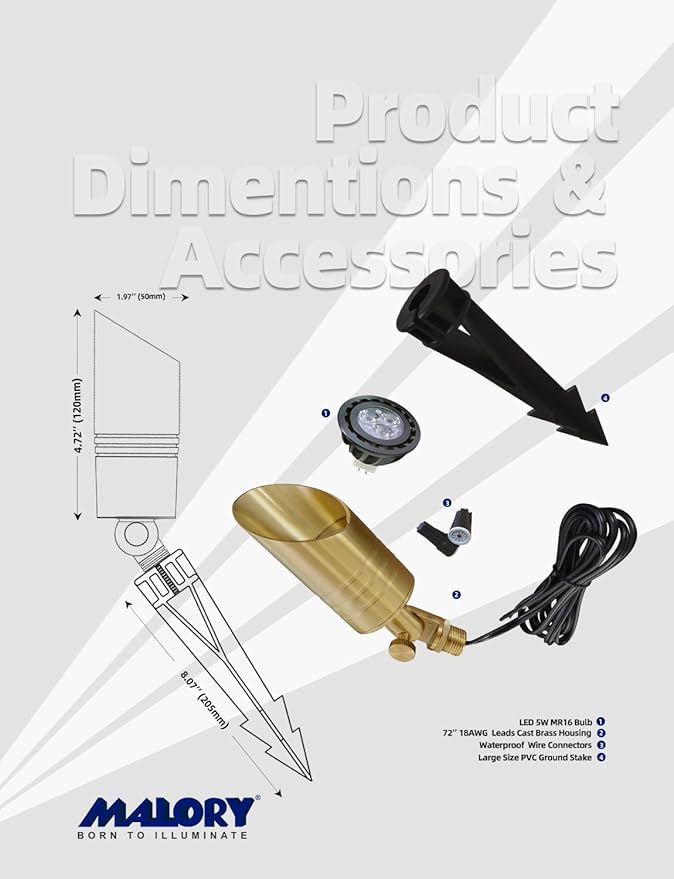 MALORY Brass Landscape Spotlight,12V AC/DC Low Voltage LED Landscape Lighting,Waterproof Spot Up Light for Garden,Patio and Yard (12-Pack with Bulb)