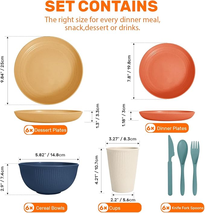 Wheat Straw Dinnerware Sets for 6 (42pcs), SGAOFIEE Unbreakable Dinnerware Set, Kitchen Plates and Bowls Set, Unbreakable Plastic Outdoor Camping Dishes, Dishwasher Microwave Safe, Autumn Multicolor