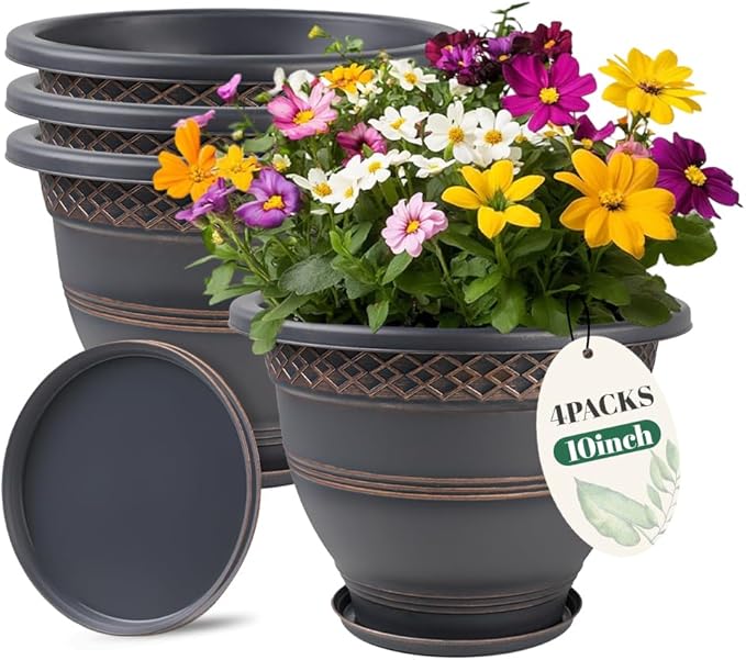 10 Inch 4 Pack Plant Pots, Plastic Flower Pot for Indoor & Outdoor with Drainage Holes & Saucer, Plaid Pattern Planters Garden Pots for Herbs