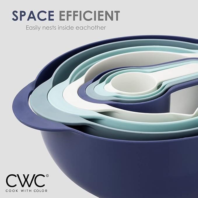 COOK WITH COLOR 8Pc Nesting Bowl Set, Teal - Includes 2 Mixing Bowls, Colander, Sifter, 4 Measuring Cups, Polypropylene, Dishwasher Safe, BPA Free