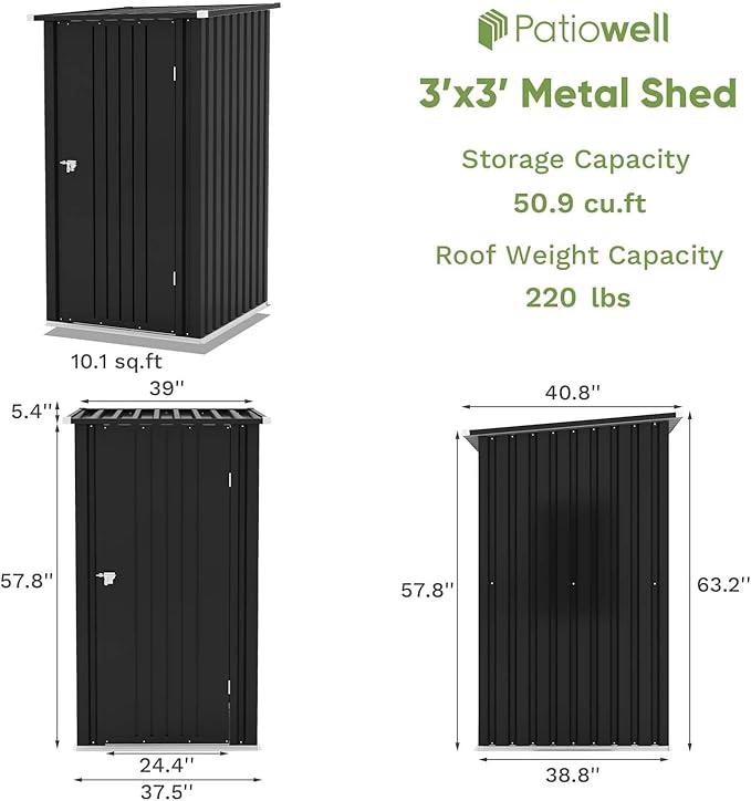 Patiowell 3 x 3 FT Outdoor Storage Shed,Small Garden Tool Storage Shed with Sloping Roof and Single Lockable Door, Outdoor Shed for Backyard Garden Patio Lawn, Black