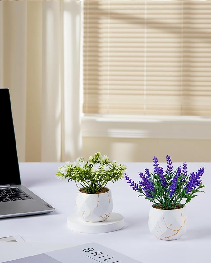 2 Pack Artificial Pot Flowers Small Fake Plants, Artificial Lavender & Wildflower Potted Plants, Fake Mini Plants for Home Decor, Tabletop, Shelf, Office, Bathroom, Farmhouse