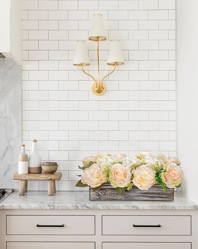 DILATATA Flower Arrangement with Wooden Vase 14" Artificial Flowers in Pot - Fake Flowers Roses Peonies Hydrangeas in Wooden Vase Potted Flower Centerpieces for Table Decor Living Room - Pale Yellow