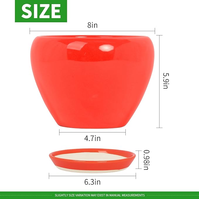 Deep Dream 8 Inch Plant Pots- Ceramic Pots for Plants with Drainage Hole and Saucer, Large Planter Pot for Indoor Plants Outdoor Decor, Red