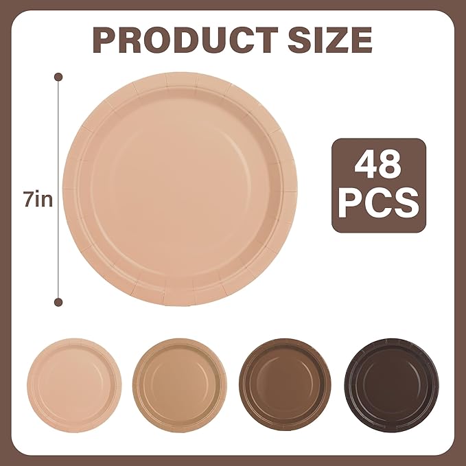 48Pcs Brown Paper Plates Gradient Brown Party Plates 4 Colors 7”Disposable Round Dessert Plates for Birthday Holiday Thanksgiving Gathering Party Supplies