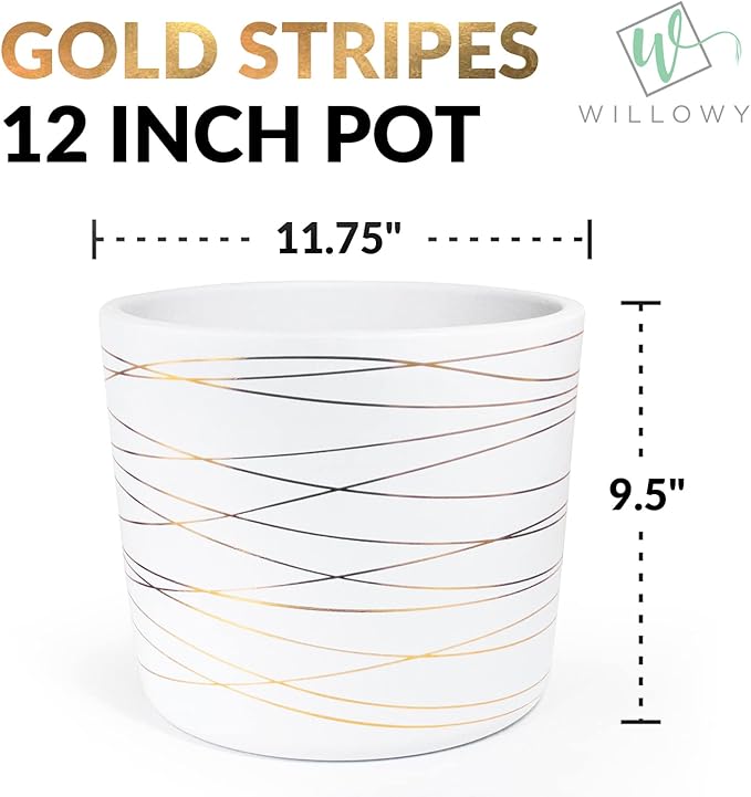 Willowy 12 Inch Ceramic Pot - Slightly Tapered Matte White with Metallic Gold Stripes - Drainage Plug Included