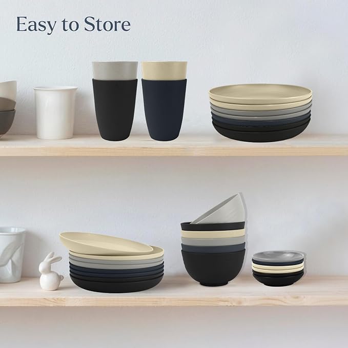 Wrova Wheat straw plates and bowls sets of 16 - Unbreakable wheat straw dinnerware sets for camping - Dishwasher safe and Freezer safe Dishes. Black & Grey