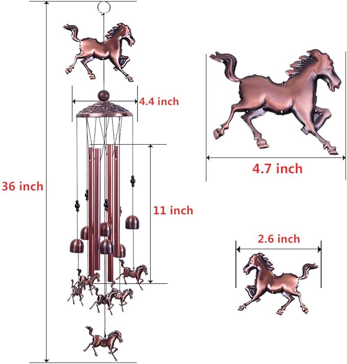 Horse Wind Chimes Decor- 37 Inch Pure Hand-Made Waterproof Metal Musical Wind Bells with 4 Aluminum Tubes 6 Bells Mobile Wind Catcher Romantic Wind Chime for Home, Festival, Indoor/Outdoor Decoration