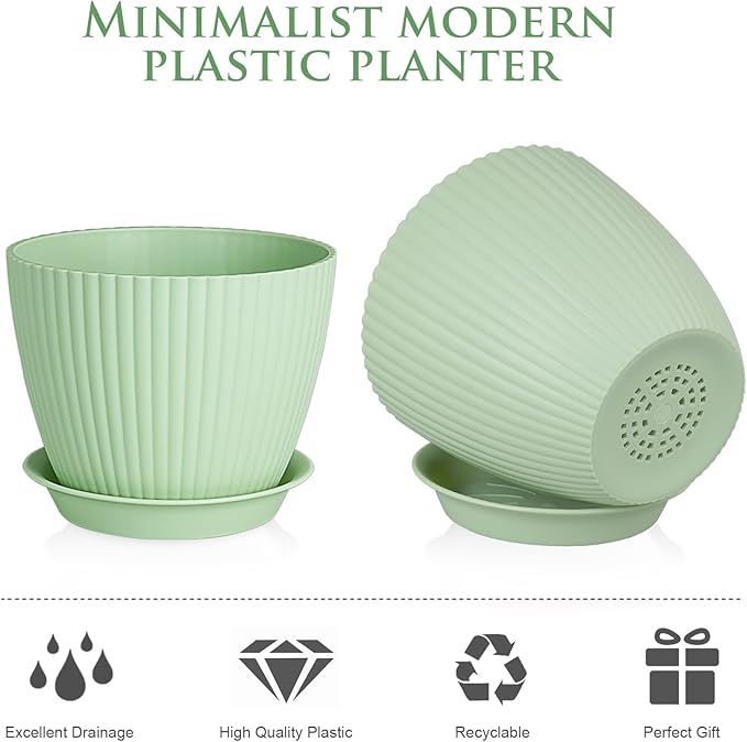 7/6.2/5.5/5/4.5/4 inch Plant Pots, 6 Pack Flower Pots for Small Indoor Outdoor Plants, Plastic Planters with Drainage Holes and Saucers for Garden Succulent House Plants, Green