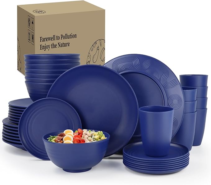 Homienly 40 Pcs Wheat Straw Dinnerware Sets, Dinner Plates, Cups, Pasta Bowls, Dishes Set For 8, Microwave Safe Plates and Bowls Sets, Blue