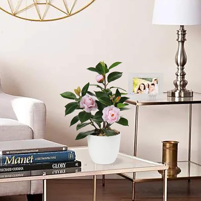 Briful Artificial Plants Mini Camellia Potted Fake Plants Small Faux Plastic Plants Desk Plant Artificial Flowers with Vase for Home Office Desk Kitchen Garden Indoor Decor