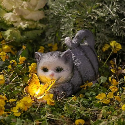 Solar Cat Statue with LED Lights & Butterfly - Outdoor Garden Decor for Patio, Lawn, Yard - Waterproof Cat Figurines, Housewarming Gardening Gifts for Women, Mom, Grandma