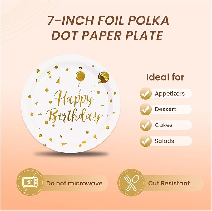 75PCS Happy Birthday Paper Plates - 7 Inch White Gold Dot Paper Plates and 6.5 Inch Napkins with 6.3 Inch Forks Disposable Tableware Set for Birthday Party Decorations, Serves 25