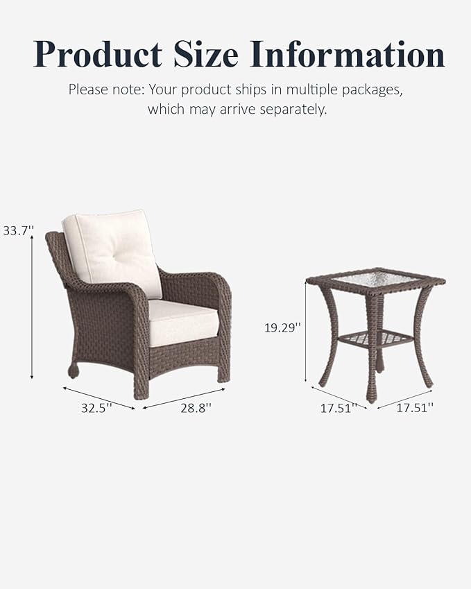 LayinSun 3 Piece Wicker Outdoor Furniture Set with 6-inch Comfy Cushions, High Back Patio Furniture Set with Rattan Armchairs and Side Table