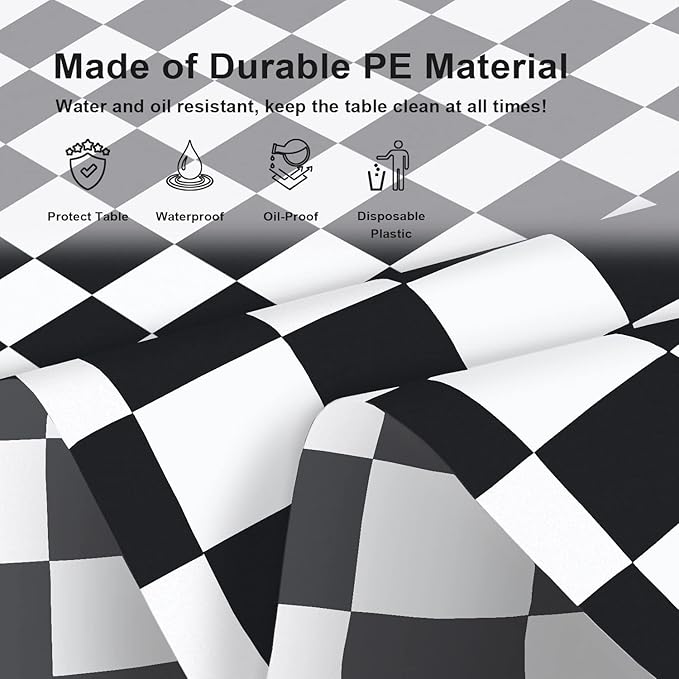 3 Pack Black and White Checkered Tablecloth, Plastic Table Cloths for Parties Disposable, 54 x 108 inch Waterproof Black Checkered Flag Table Cloth for Birthday, Party, Picnic, School