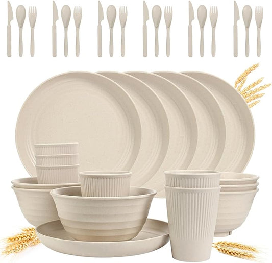 Wheat Straw Dinnerware Sets - SGAOFIEE 36 Piece Unbreakable Dinnerware Sets, Reusable Wheat Straw Plates and Bowls Sets, Travel Camping Cutlery Set, Dishwasher Microwave Safe Dinnerware-Beige White