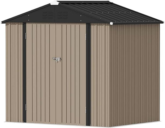 Devoko Outdoor Storage Shed 8 x 6 FT Lockable Metal Garden Shed Steel Anti-Corrosion Storage House with Single Lockable Door for Backyard Outdoor Patio (Brown)
