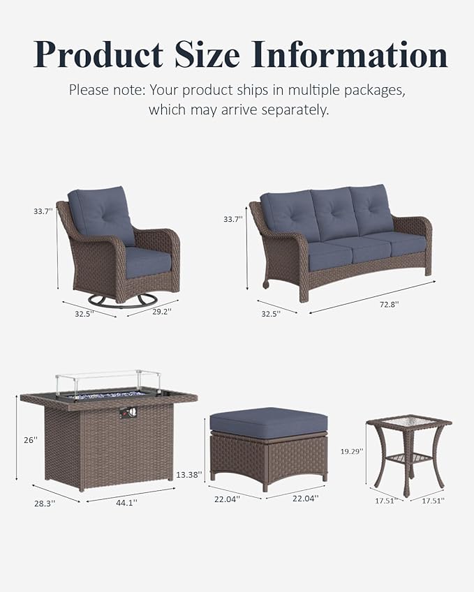 LayinSun 8 Piece Wicker Outdoor Furniture Set with 6-inch Comfy Cushions, High Back Patio Furniture Set with Swivel Rocking Chairs and Fire Pit Table