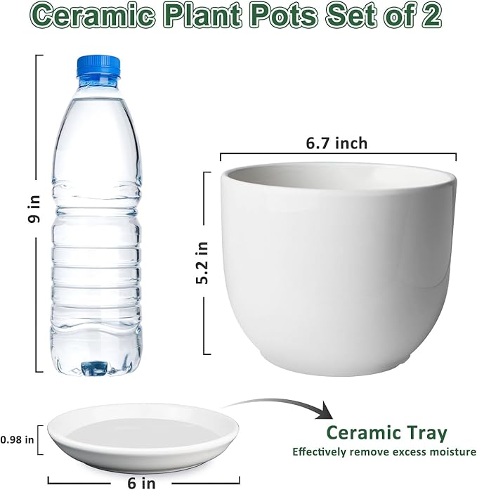 Ceramic Plant Pots,White 6.7 Inch Flower Pots for Plants,Ceramic Planter with Drainage Holes,Indoor Planter Pots with Saucer,Outdoor Garden Pots (White, 2 Pack)