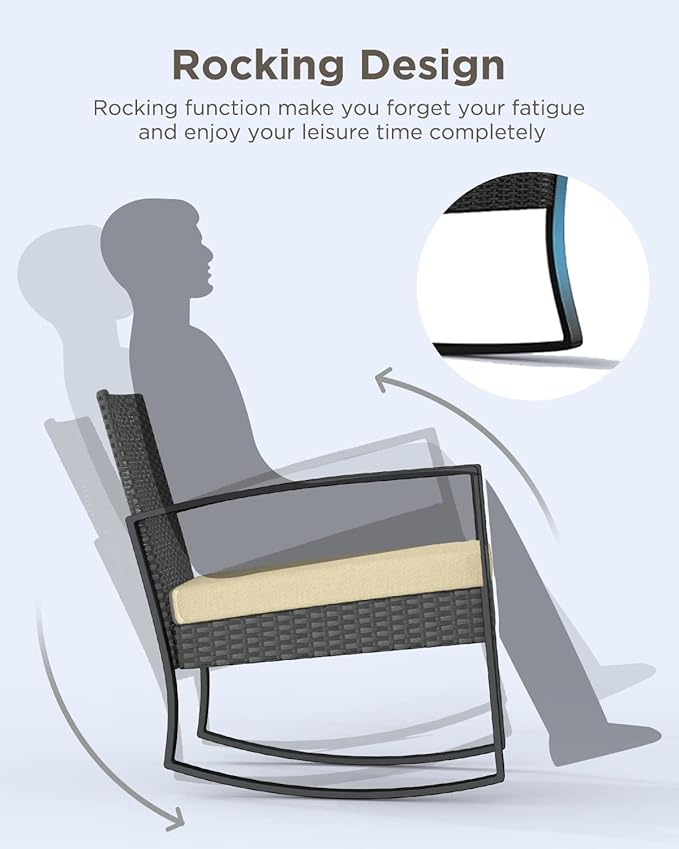 3 Pieces Porch Furniture Set Patio Rocking Bistro Set Outdoor Patio Chairs Rattan Conversation Sets with Coffee Table for Front Porch Garden Balcony Backyard Poolside (Beige Cushion)