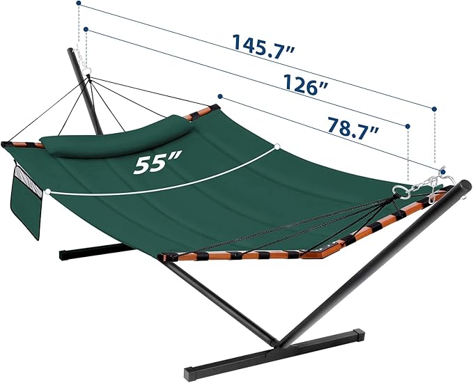 TegerDeger 12FT 2 Person Hammock with Stand Included 55 x 79IN Large Hammock 450LB Capacity with Hardwood Spreader Bar & Nylon Rope for Outside, Patio, Garden, Backyard, Beach, Poolside - Dark Green