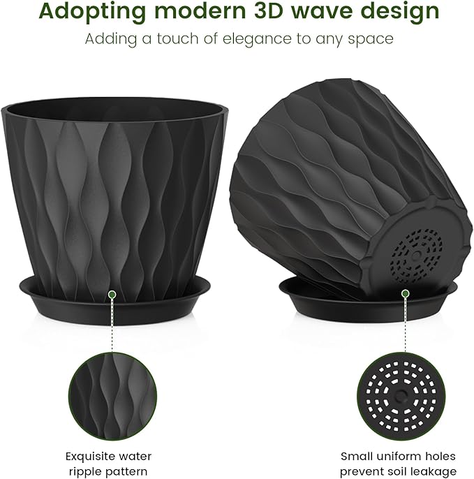 7 inch Plant Pots for Indoor Outdoor Plants, 5 Pack Thick Flowers Pots with Drainage Holes and Saucers, 3D Modern Wave Texture Plastic Planter Pots for House Plants, Black
