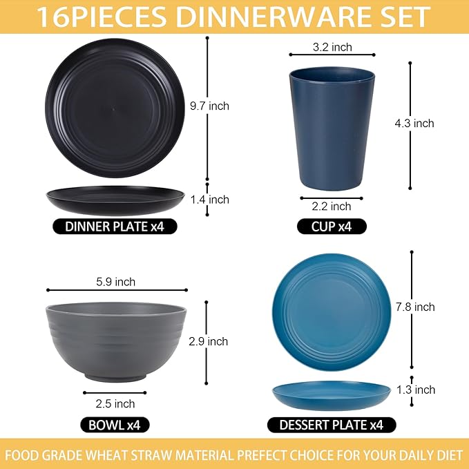 Rubtlamp 16Pcs Plastic Wheat Straw Dinnerware Set, Reusable Plastic Dishes Set for 4, Kitchen Plates And Bowls Set (Deep Four Colors) Include Dinner Plates, Dessert Plates, Cereal Bowls, Cups