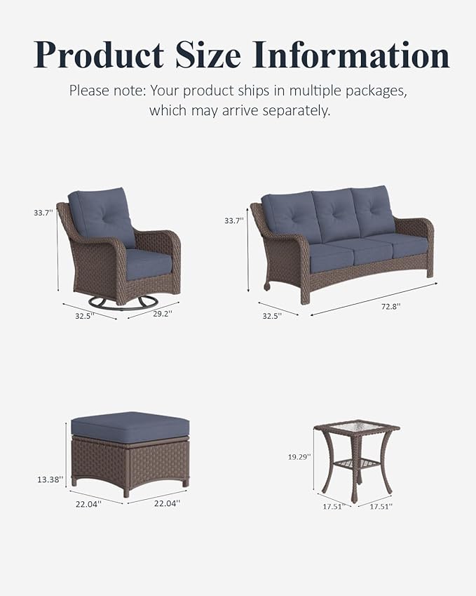 LayinSun 7 Piece Wicker Outdoor Furniture Set with 6-inch Comfy Cushions, High Back Patio Furniture Set with Swivel Rocking Chairs and Side Table