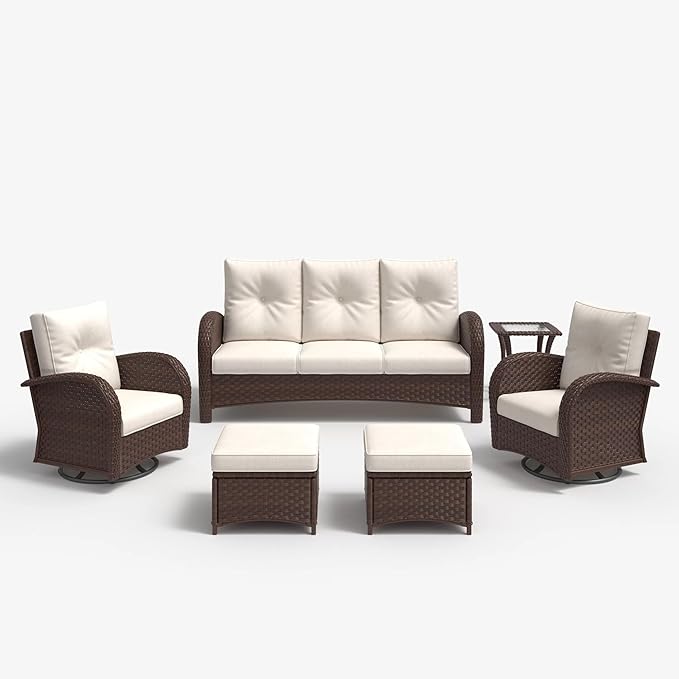 LayinSun 6 Pieces Outdoor Patio Furniture Set, Rattan Wicker Sectional Swivel Rocker Chairs Sets