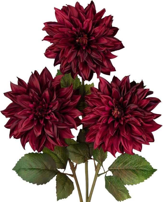 Hollyone 3Pcs Dark Red Fake Dahlia Flowers Fall Flowers Artificial for Decoration Silk Flower with Long Stem 28" Floral Arrangements Bouquets Autumn Faux Dahlias Centerpieces Fall Decorations for Home