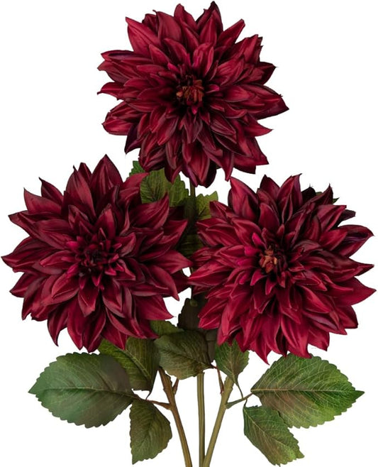 Hollyone 3Pcs Dark Red Fake Dahlia Flowers Fall Flowers Artificial for Decoration Silk Flower with Long Stem 28" Floral Arrangements Bouquets Autumn Faux Dahlias Centerpieces Fall Decorations for Home