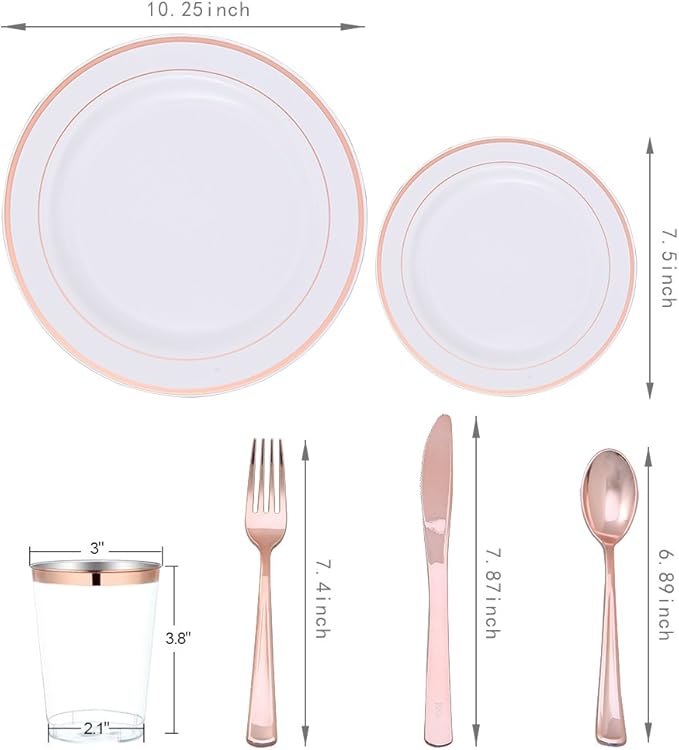 WELLIFE 150 Pcs Rose Gold Plastic Plates with Disposable Rose Gold Cutlery, Includes: 25 Dinner Plate 10.25", 25 Dessert Plates 7.5", 25 Cups 9OZ and 25 Silverware for Wedding