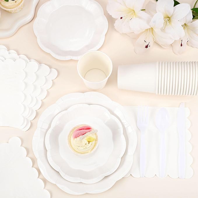 175 Pcs White Plates and Napkins Set, 25 Guest White Party Supplies Include Scalloped Plate Paper Napkin Cup Forks Knives Disposable Plastic Cutlery for Wedding Baby Shower Birthday Party