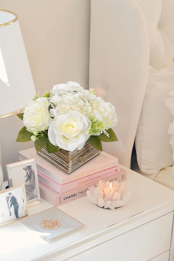 Flower Arrangement with Wooden Vase 8" Artificial Flowers in Pot - Fake Flowers Roses Peonies Hydrangeas in Wooden Vase Potted Artificial Flower Centerpieces for Table Decor Living Room - White