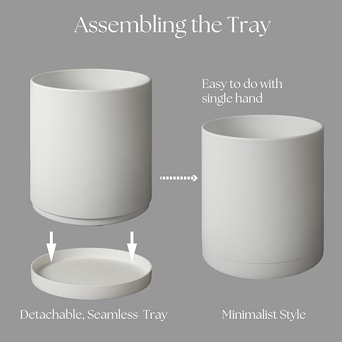 Giraffe Creation 12-Inch Round Cylinder Plant Pot, Modern Indoor/Outdoor Planter with Drainage Hole, Saucer & Water Reservoir, White