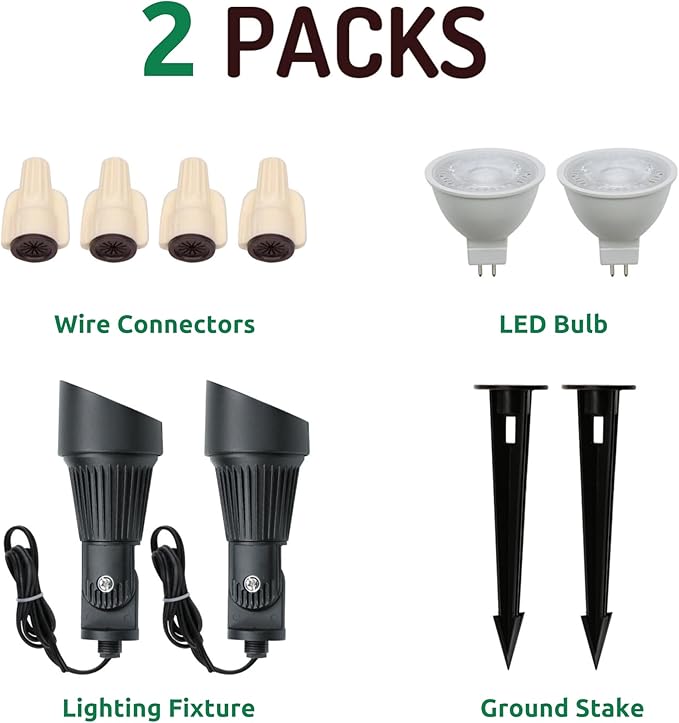 Lumina Lighting® 4W Landscape Lighting 12V Landscape Lights Low Voltage Landscape Spotlights Warm White Waterproof Outdoor Replaceable LED Bulb for Garden, Lawn, Porch, Patio and Yard (Black, 2-Pack)