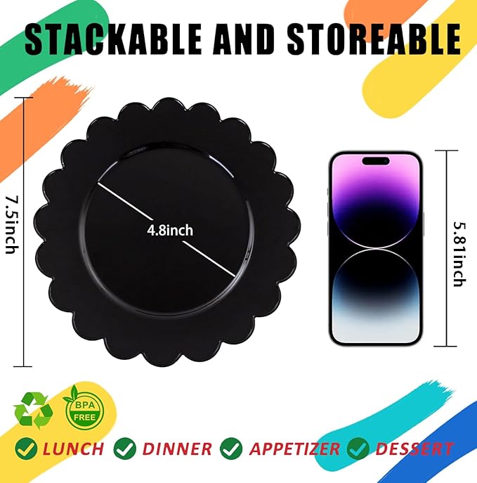 SUT 72 PCS Black Plastic Plates - 7.5 Inch Elegant Disposable Party Tableware for Halloween, New Year, Dessert & Celebrations
