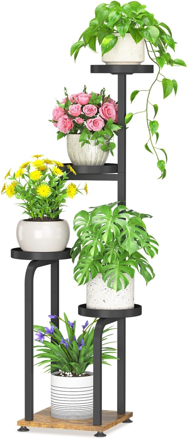 iDavosic.ly Tall Plant Stand Indoor, 4 Tier Corner Multiple Flower Holder Shelf with Metal Trays, Space Saving Display Rack for Living Room Balcony Patio Porch Outdoor | Black & Brown