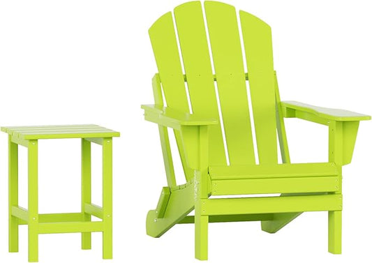 WO Home Furniture Adirondack Chair Table Set of 2 PCS Outdoor Folding Chair w Side Table Weather/UV Resistant for Lawn, Garden, Bon Fire, Balcony (Lime)