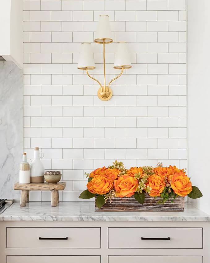 Flower Arrangement with Wooden Vase 14" Artificial Flowers in Pot - Fake Flowers Roses Peonies Hydrangeas in Wooden Vase Potted Artificial Flower Centerpieces for Table Decor Living Room - Orange