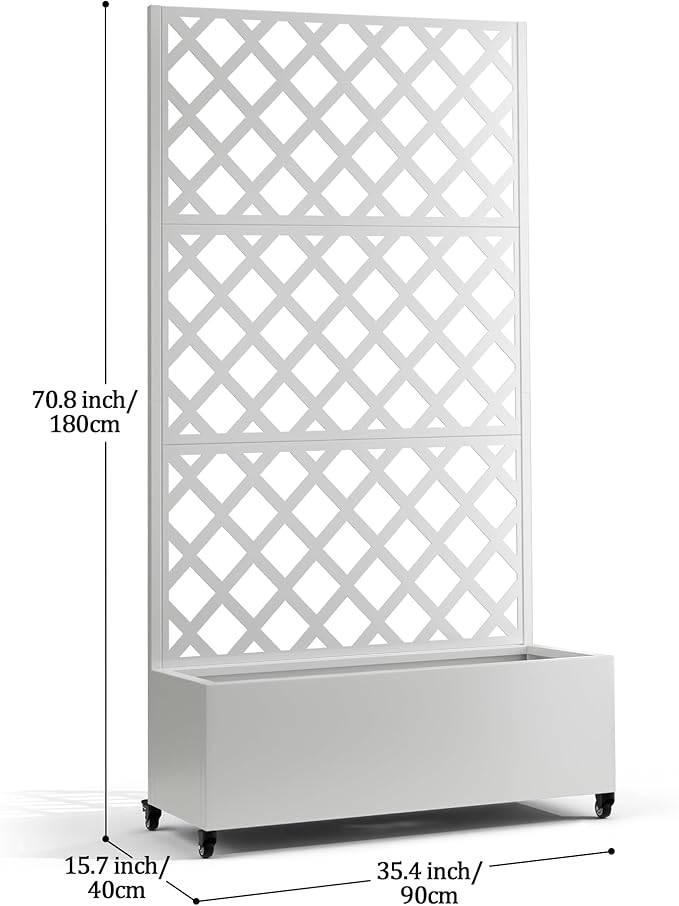 Metal Planter Box with Trellis, Planter Box with Privacy Screen, Privacy Trellis Outdoor for Climbing Plants with Drainage Holes, Raised Garden Bed with Wheels