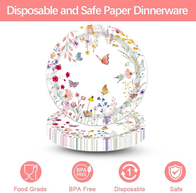 96PCS Wildflower Plates and Napkins Spring Floral Birthday Baby Shower Wedding Tableware Set Summer Floral Party Table Decorations Favors Serves 24 Guests