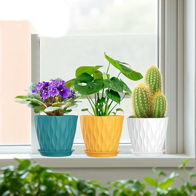 7 Inch Plant Pots Set of 5, Plastic Flower Pots with Drainage Holes and Trays, Planter Pot for Indoor Plants, Decorative Pots for Plants Indoor/Outdoor （Multicolor）