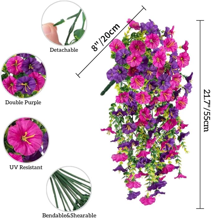 4PCS Artificial Hanging Flowers for Outdoor Decor UV Resistant Fake Morning Glory Realistic Silk Spring Summer Hanging Plants for Porch Patio Balcony Yard (Double Purple)