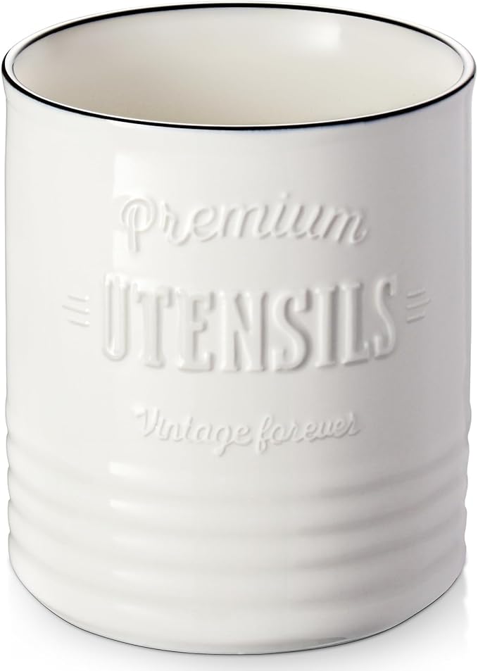 DOWAN 7.2″ Extra Large Kitchen Utensil Holder, Farmhouse Utensil Holder for Countertop, Ceramic Utensil Crock with Protection Cork Mat, Utensil Organizer for Kitchen Decor & Housewarming Gift, White