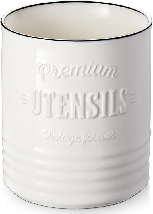 DOWAN 7.2″ Extra Large Kitchen Utensil Holder, Farmhouse Utensil Holder for Countertop, Ceramic Utensil Crock with Protection Cork Mat, Utensil Organizer for Kitchen Decor & Housewarming Gift, White