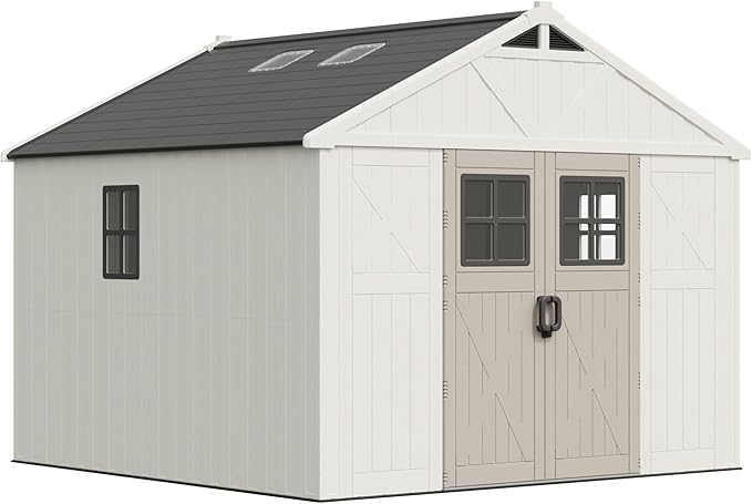 Greesum 10x10 FT Plastic Outdoor Storage Shed with Floor, Resin Sheds with Windows and Skylights, Weather Resistant Organization with Lockable Door, for Garden, Lawn, Pool Supplies, Beige