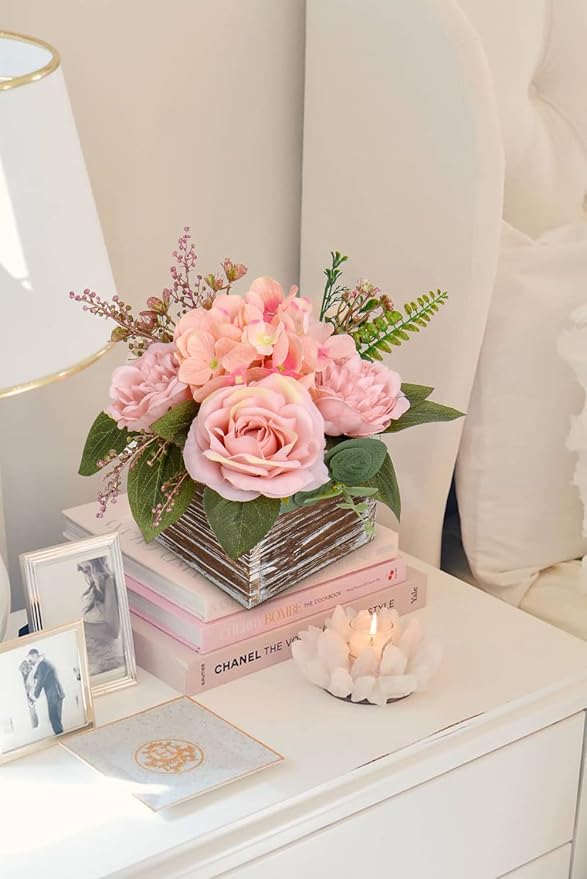 DILATATA Flower Arrangement with Wooden Vase 8" Artificial Flowers in Pot - Fake Flowers Roses Peonies Hydrangeas in Wooden Vase Potted Flower Centerpieces for Table Decor Living Room - Dusty Pink